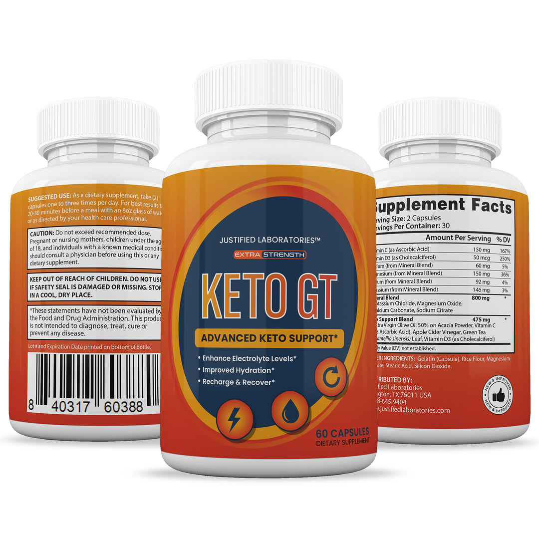 3 Sides of bottle of Keto GT Keto ACV Pills 1275MG