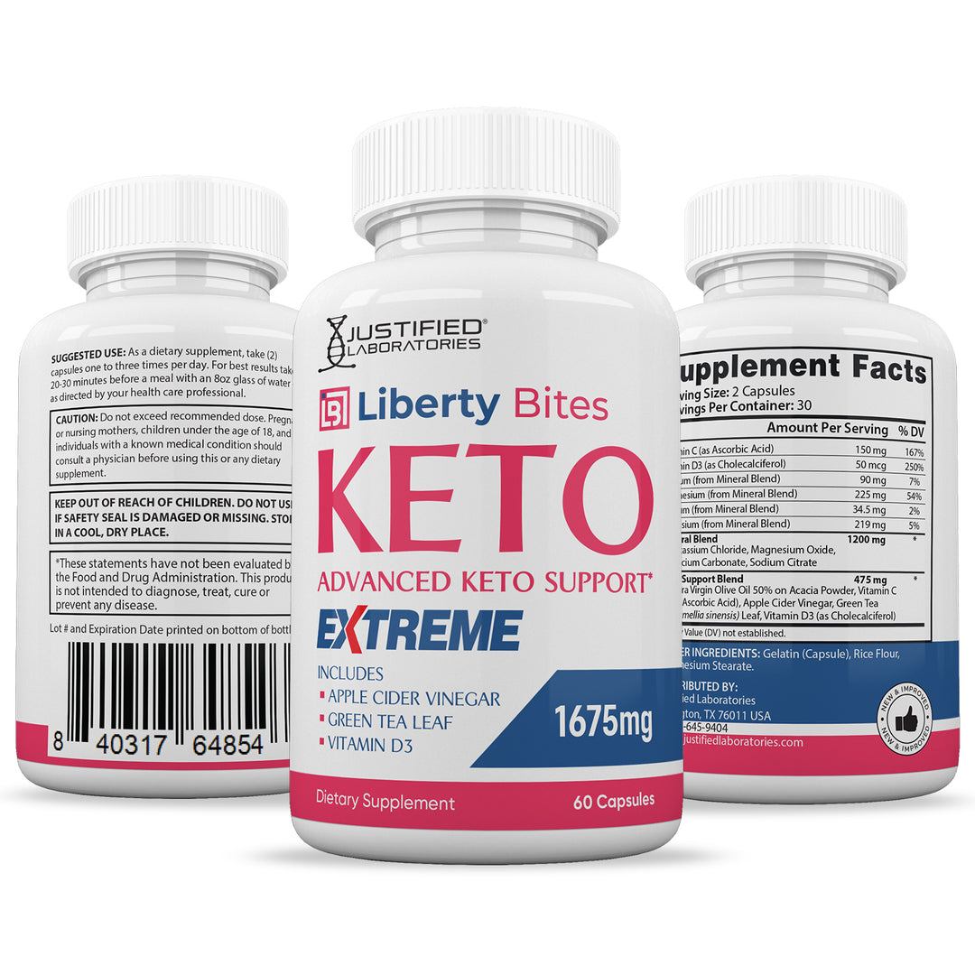 3 sides of bottle of Liberty Bites Keto ACV Extreme Pills 1675MG