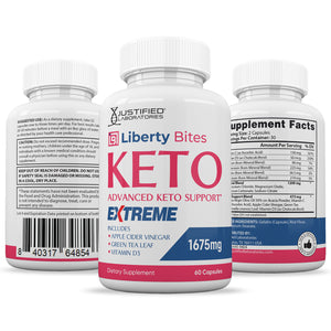 3 sides of bottle of Liberty Bites Keto ACV Extreme Pills 1675MG