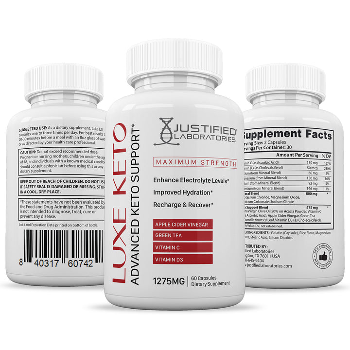 All sides of bottle of the Luxe Keto ACV Pills 1275MG