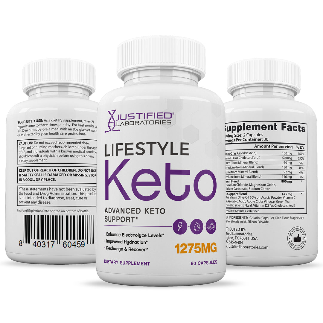 3 sides of bottle of Lifestyle Keto ACV Pills 1275MG