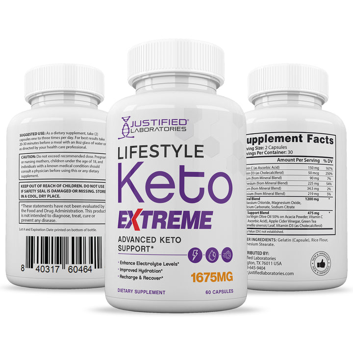 3 Sides of bottle of Lifestyle Keto ACV Extreme Pills 1675MG