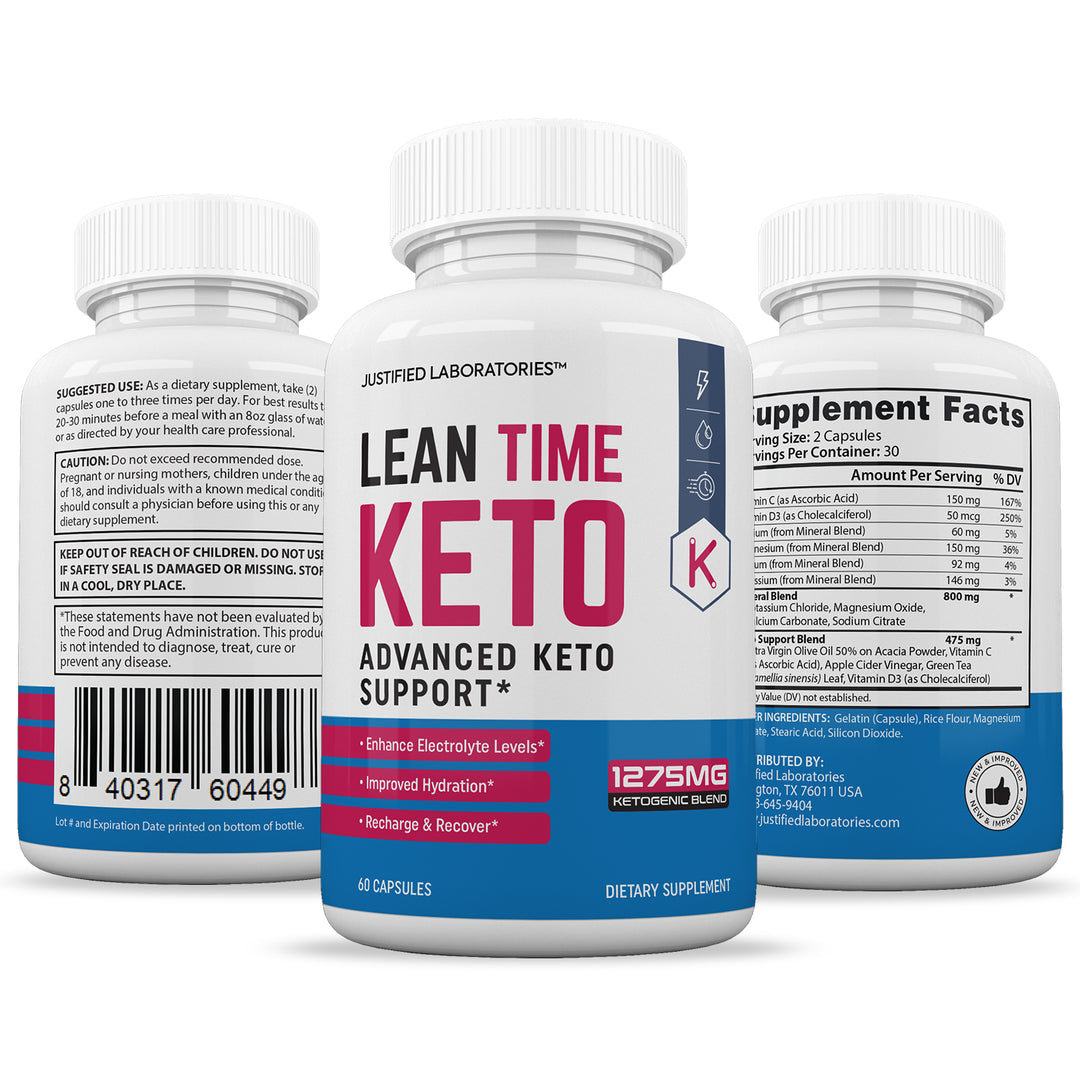 3 Sides of bottle of Lean Time Keto ACV Pills 1275MG