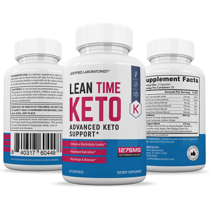 3 Sides of bottle of Lean Time Keto ACV Pills 1275MG