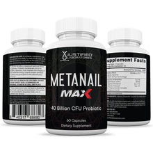 Cargar imagen en el visor de la Galería, All sides of bottle of the 3 X Stronger Metanail Max 40 Billion CFU Pills