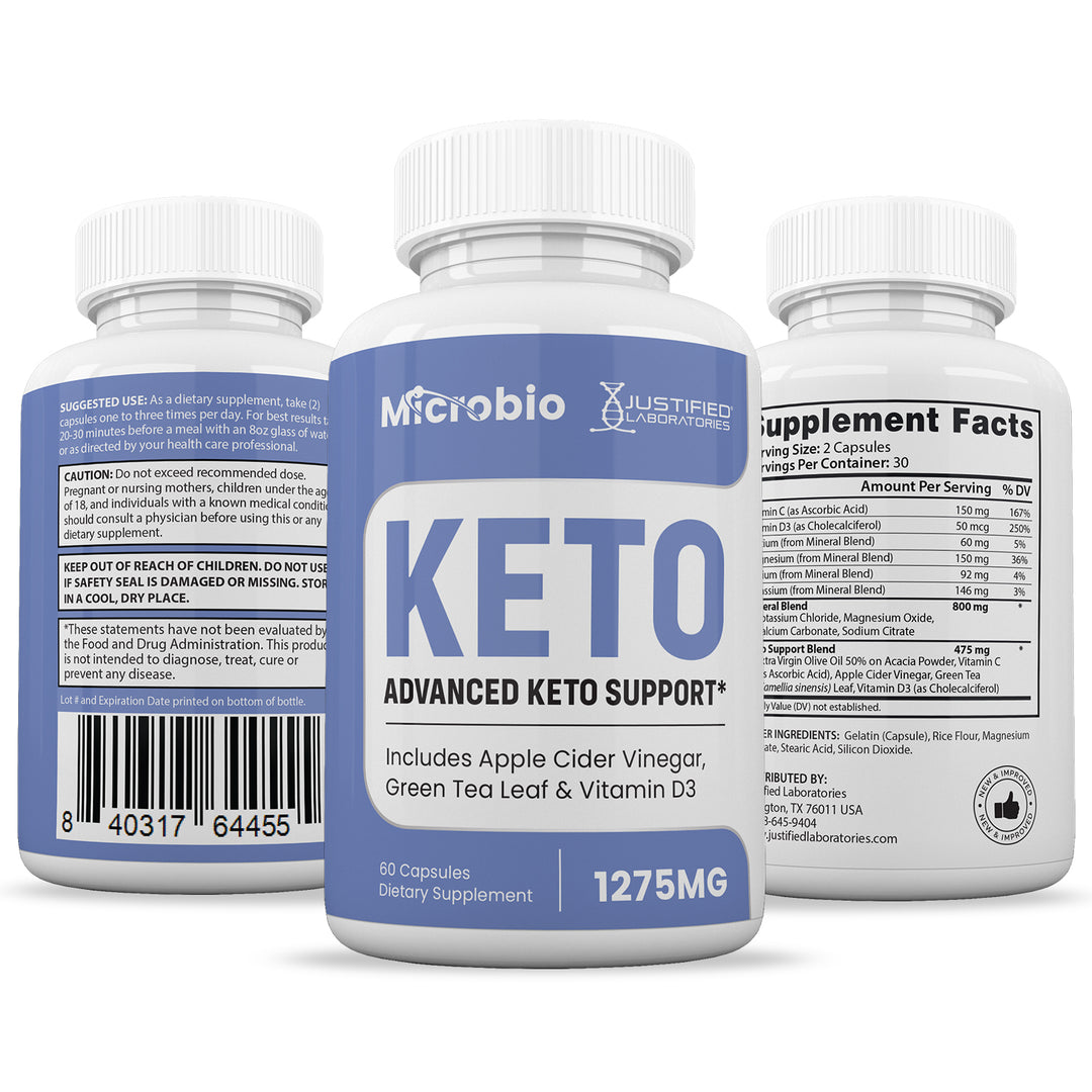 3 sides of bottle of Microbio Keto ACV Pills 1275MG