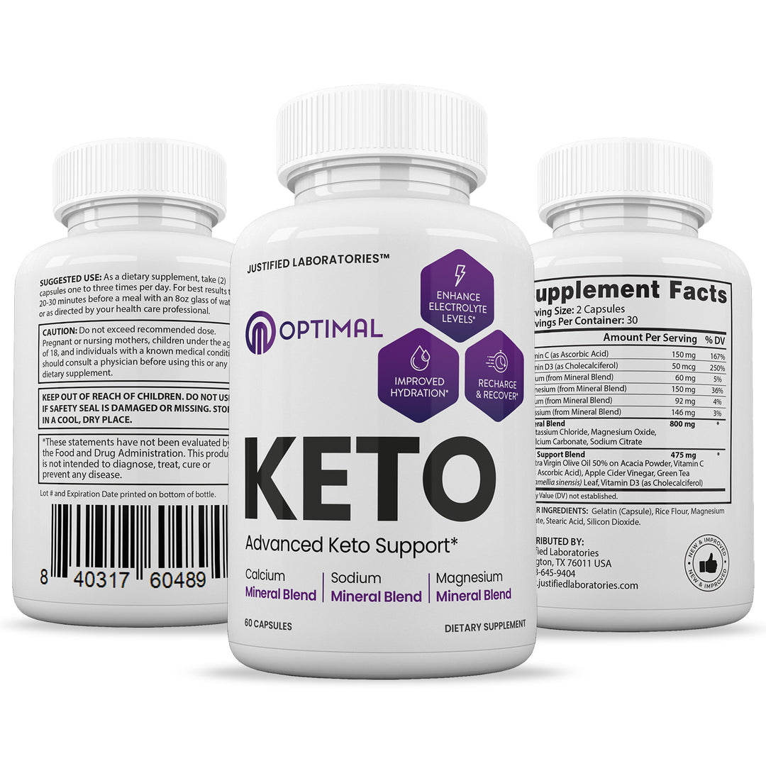 3 Sides of bottle of Optimal Keto ACV Pills 1275MG