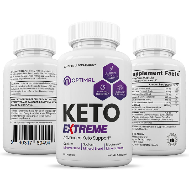 3 sides of bottle of Optimal Keto ACV Extreme Pills 1675MG