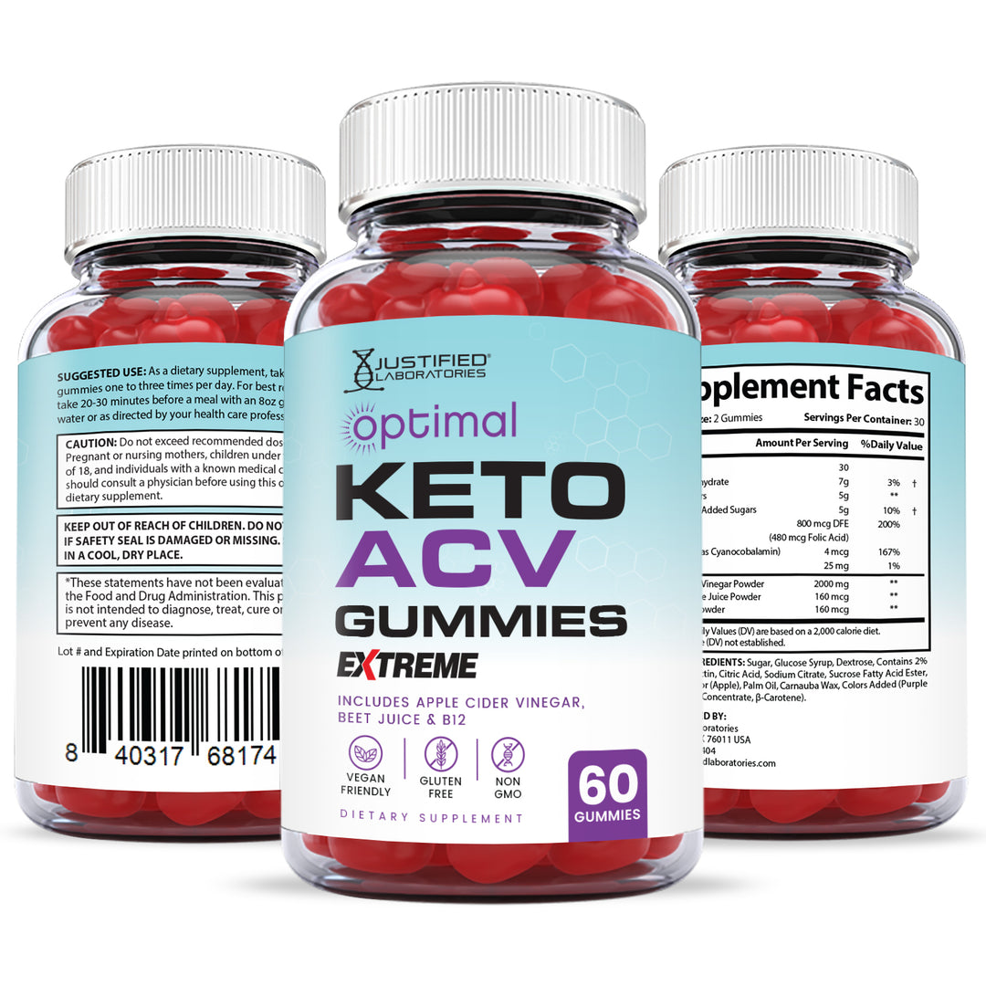 All sides of the bottle of the 2 x Stronger Extreme Optimal Keto ACV Gummies 2000mg