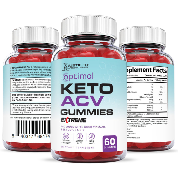 All sides of the bottle of the 2 x Stronger Extreme Optimal Keto ACV Gummies 2000mg