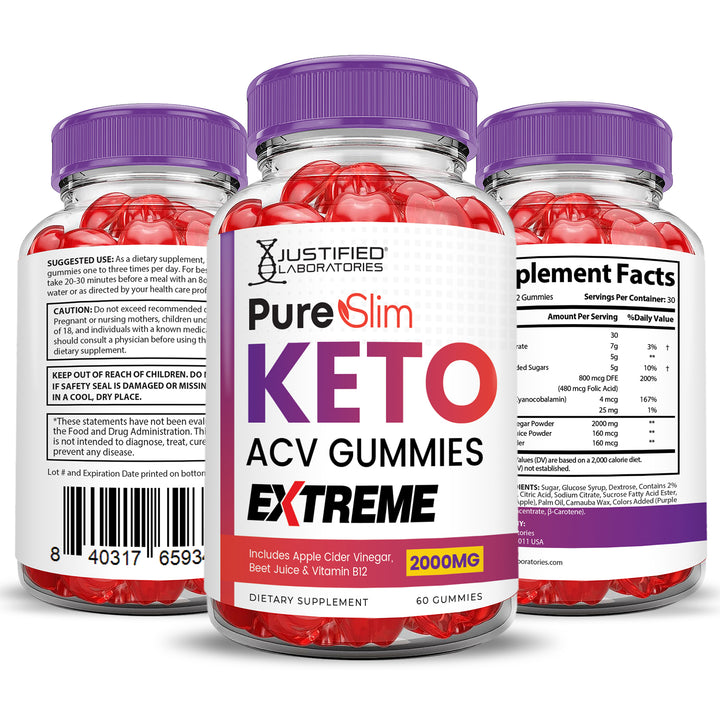 3 Sided of Bottle of Pure Slim Keto ACV Gummies Extreme 2000mg