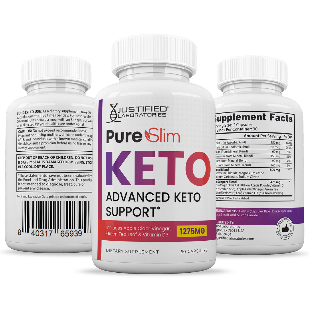 3 sides of bottle of Pure Slim Keto ACV Pills 1275MG