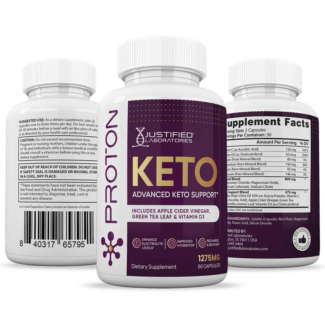 3 Sides of Bottle of Proton Keto ACV Pills 1275MG