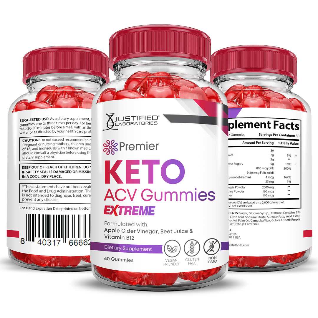 All sides of bottle of the 2 x Stronger Premier Keto ACV Gummies Extreme 2000mg