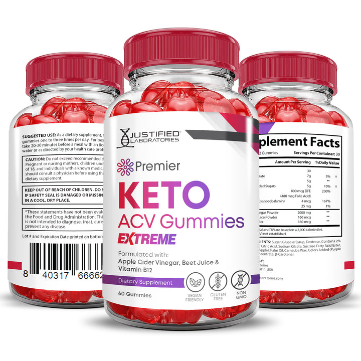 All sides of bottle of the 2 x Stronger Premier Keto ACV Gummies Extreme 2000mg