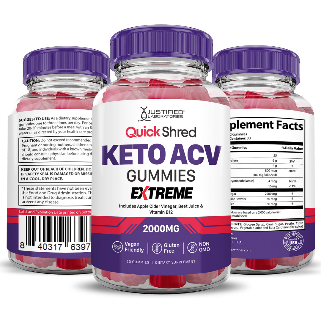 Quick Shred Keto ACV Gummies Extreme 2000mg 3 sides to bottle