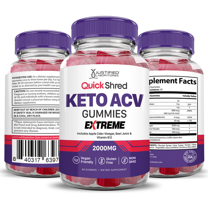 Quick Shred Keto ACV Gummies Extreme 2000mg 3 sides to bottle