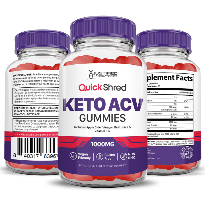 Quick Shred Keto ACV Gummies 1000MG 3 sides of bottle
