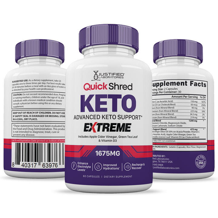 Quick Shred Keto ACV Extreme Pills 1675MG 3 sides of bottle