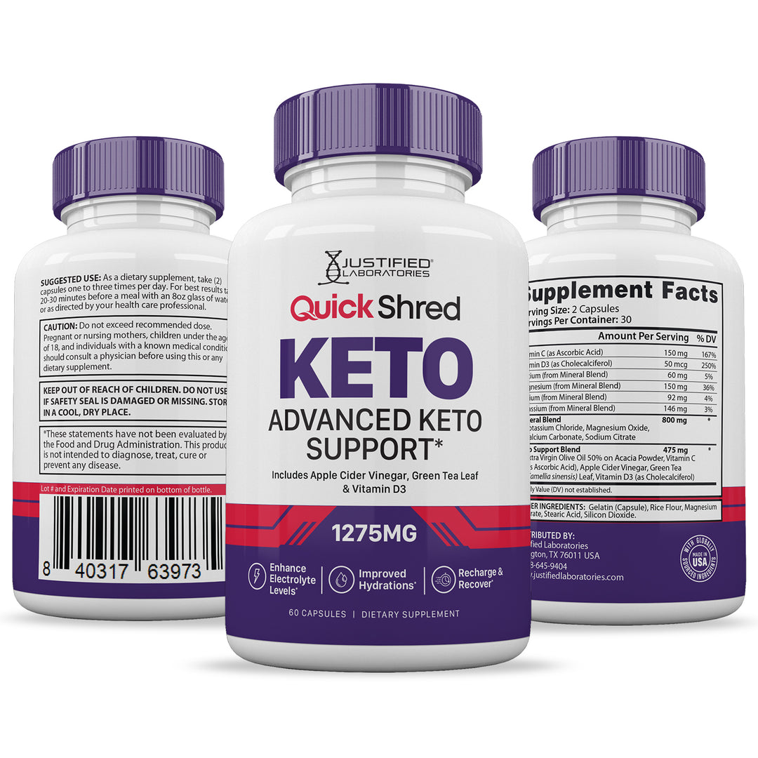 Quick Shred Keto ACV Pills 1275MG 3 sides of bottle