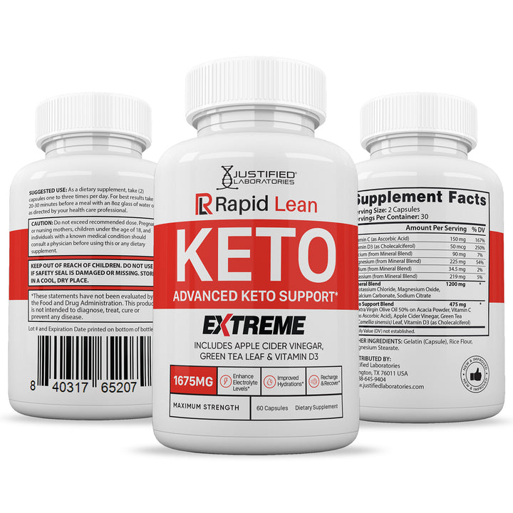 3 Sides of bottle of Rapid Lean Keto ACV Extreme Pills 1675MG