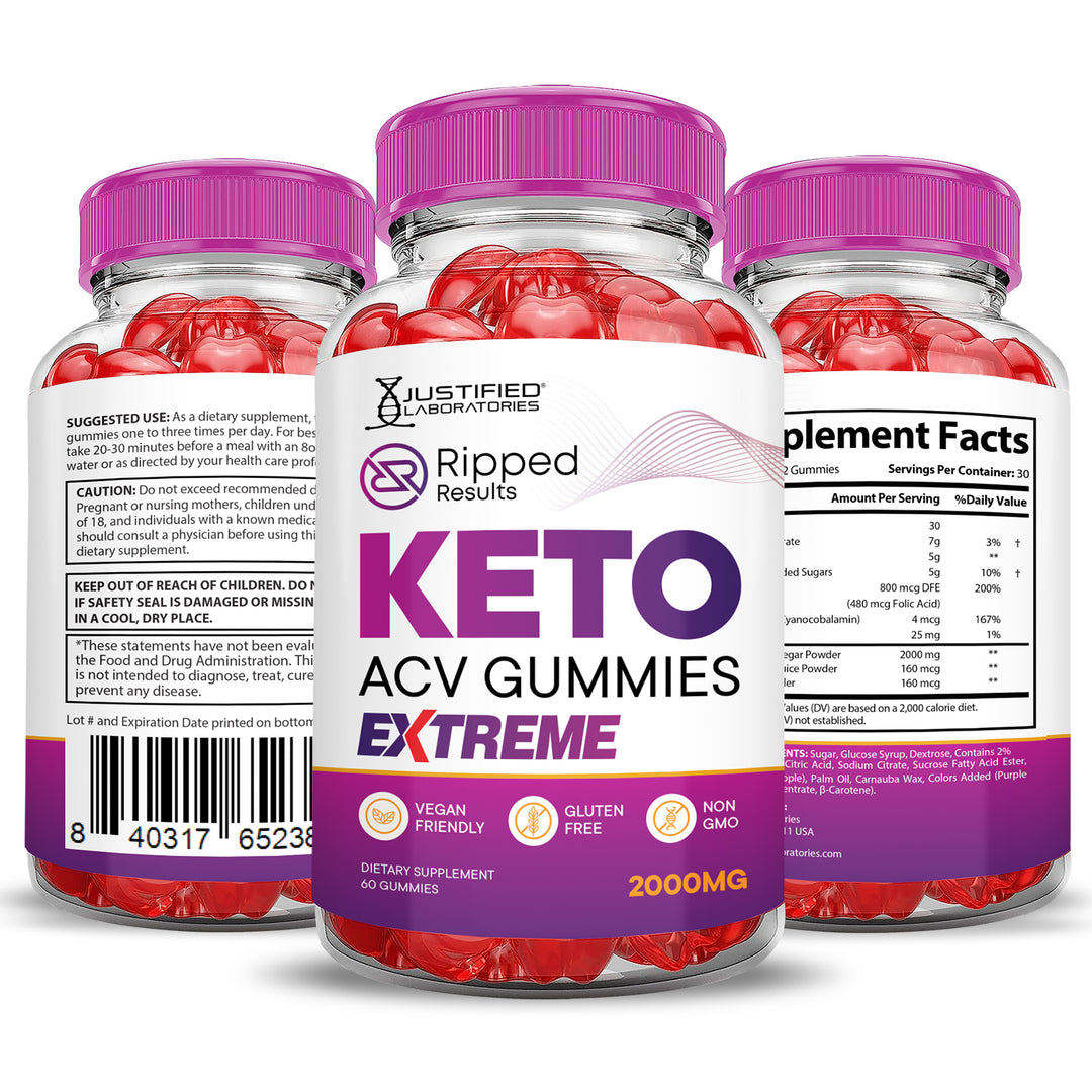 3 Sided of Bottle of Ripped Results Keto ACV Gummies Extreme 2000mg