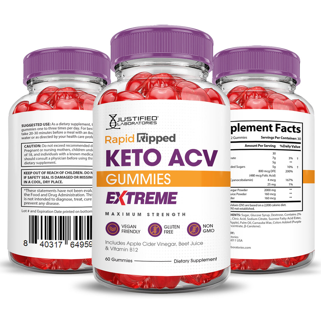 3 Sided of Bottle of Rapid Ripped Keto ACV Gummies Extreme 2000mg