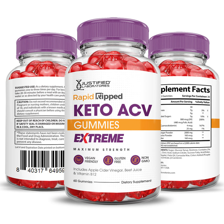 3 Sided of Bottle of Rapid Ripped Keto ACV Gummies Extreme 2000mg