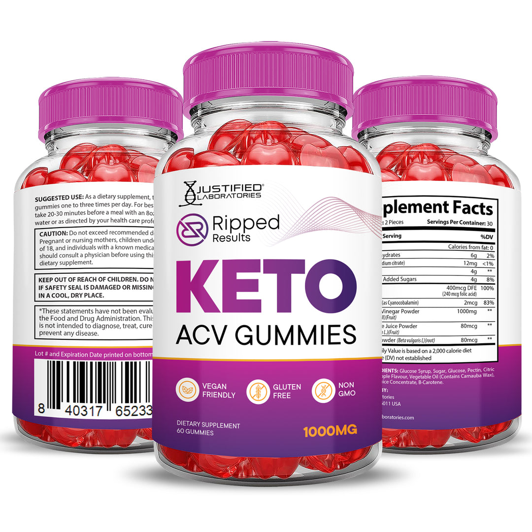 3 Sided of Bottle of Ripped Results Keto ACV Gummies 1000MG
