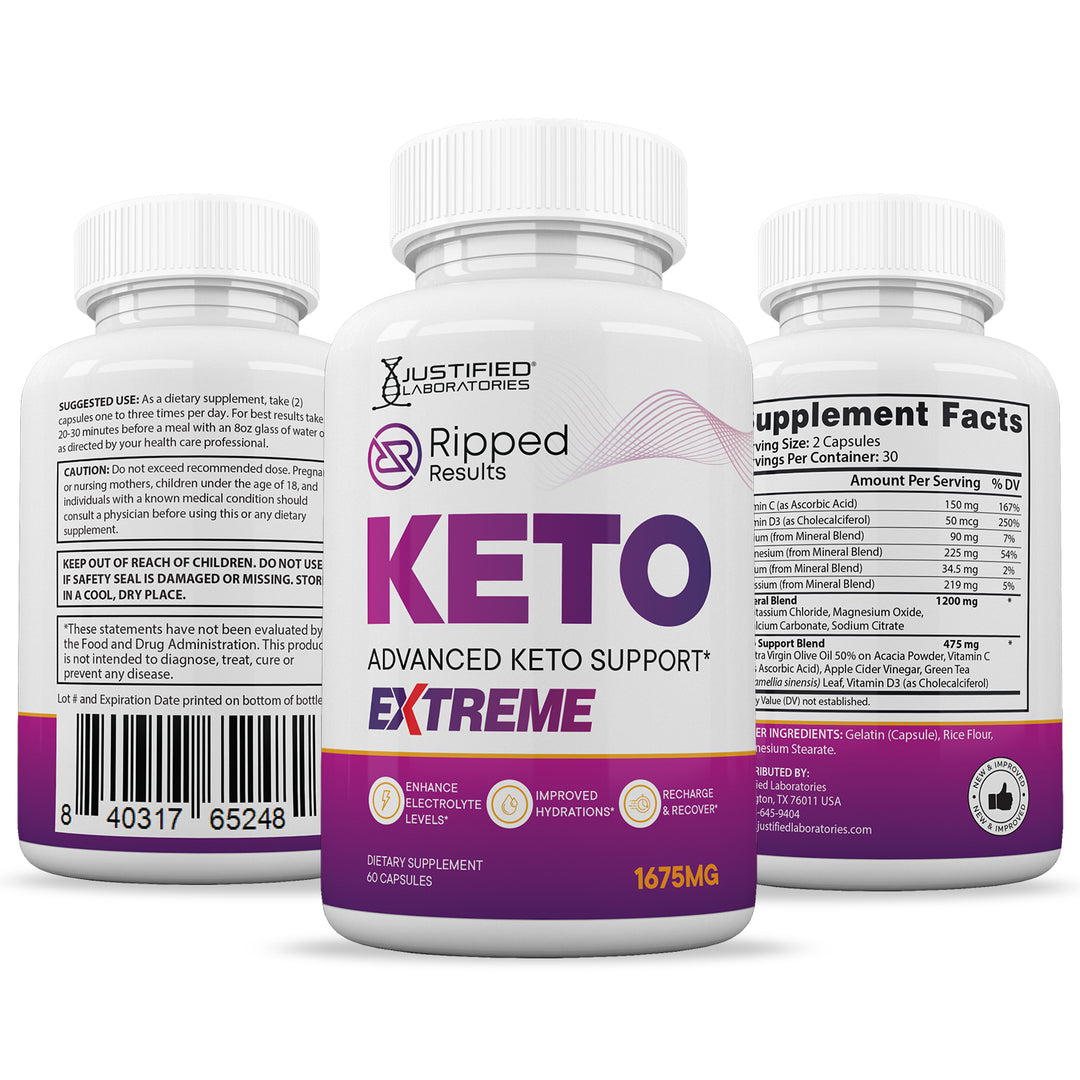 3 sides of bottles of Ripped Results Keto ACV Extreme Pills 1675MG