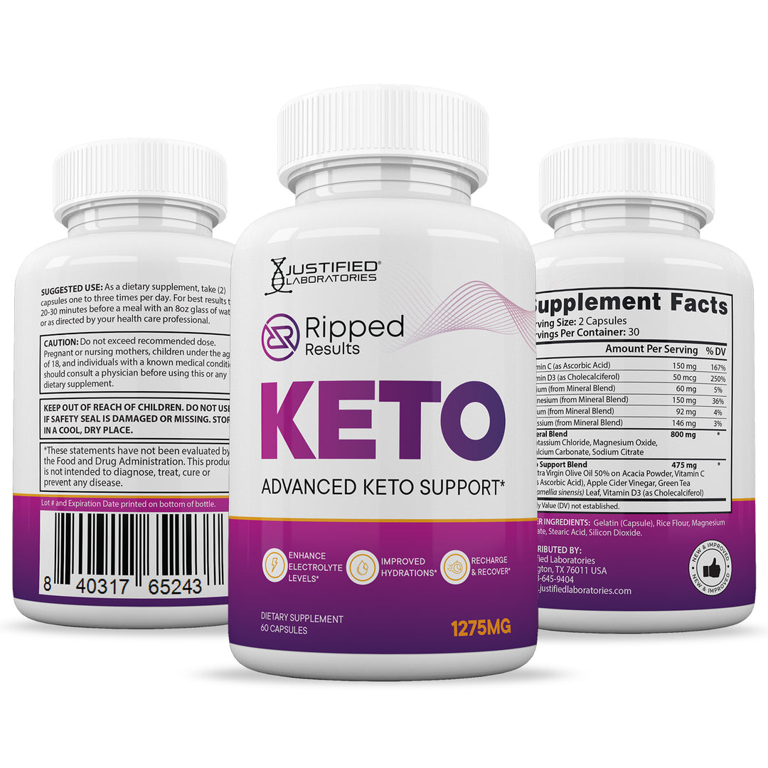 3 Sides of Bottles of Ripped Results Keto ACV Pills 1275MG