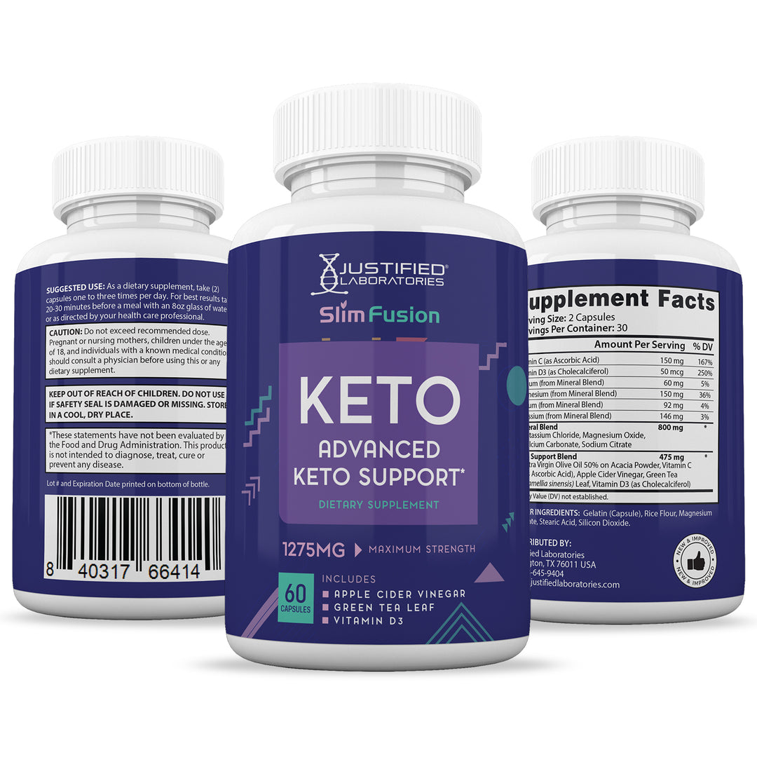 3 sides of bottle of Slim Fusion Keto ACV Pills 1275MG