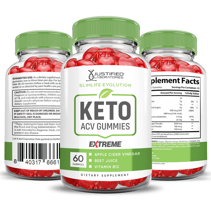 All sides of bottle of the 2 x Stronger Slimlife Evolution Keto ACV Gummies Extreme