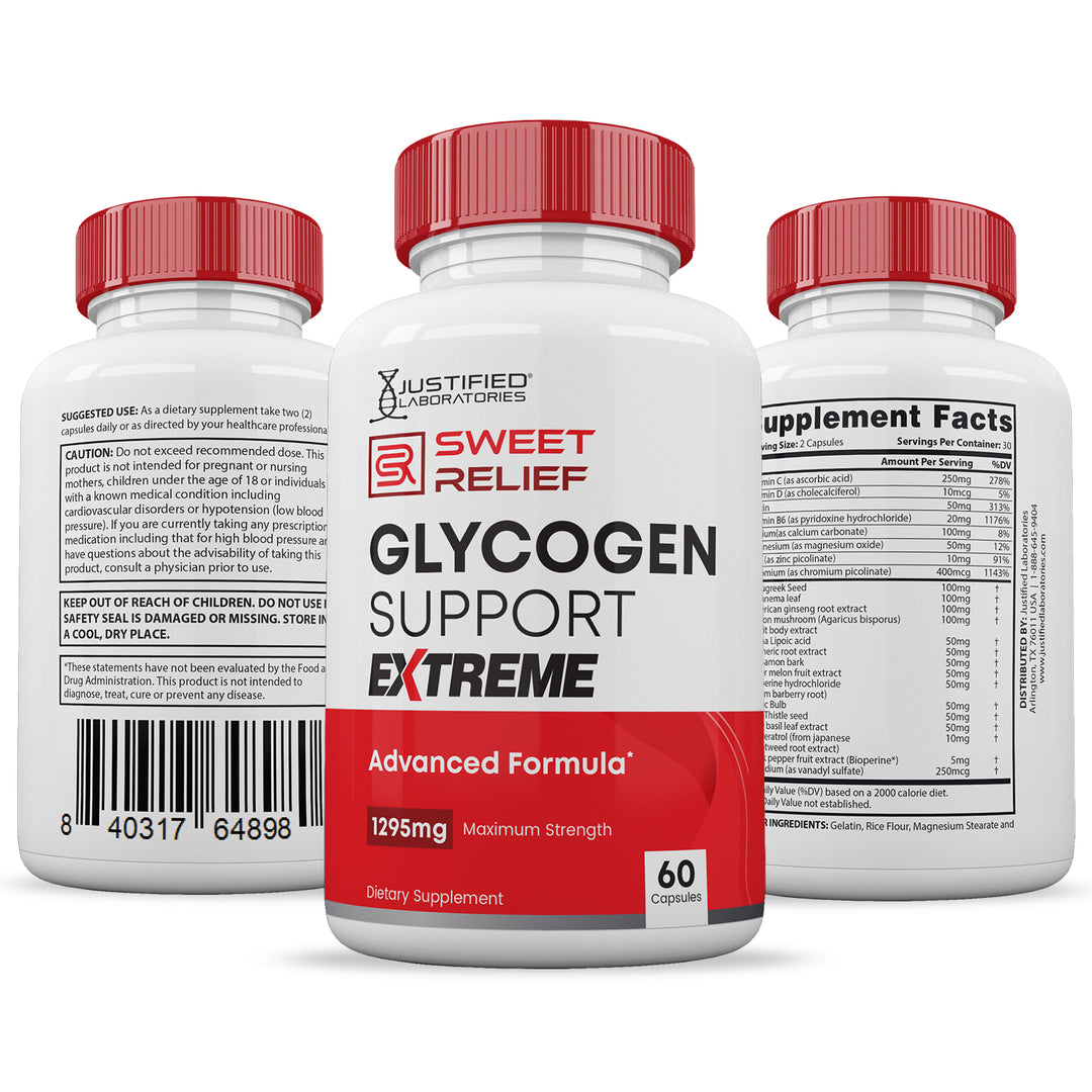 All sides of bottle of the Sweet Relief Glycogen Extreme Advanced Formula 1295MG