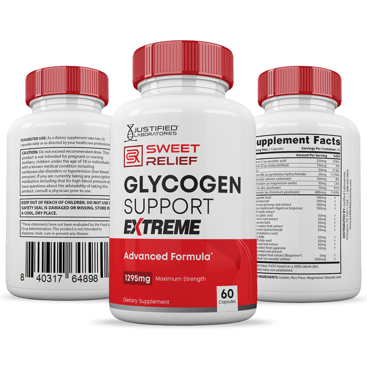 All sides of bottle of the Sweet Relief Glycogen Extreme Advanced Formula 1295MG