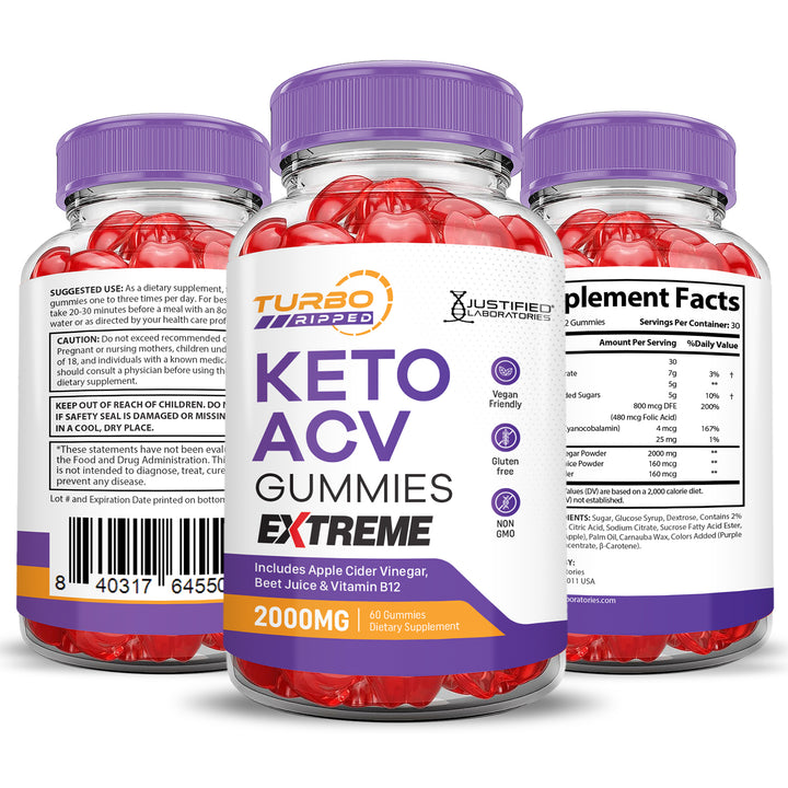 Turbo Ripped Keto ACV Gummies 2000MG 3 sides of bottle