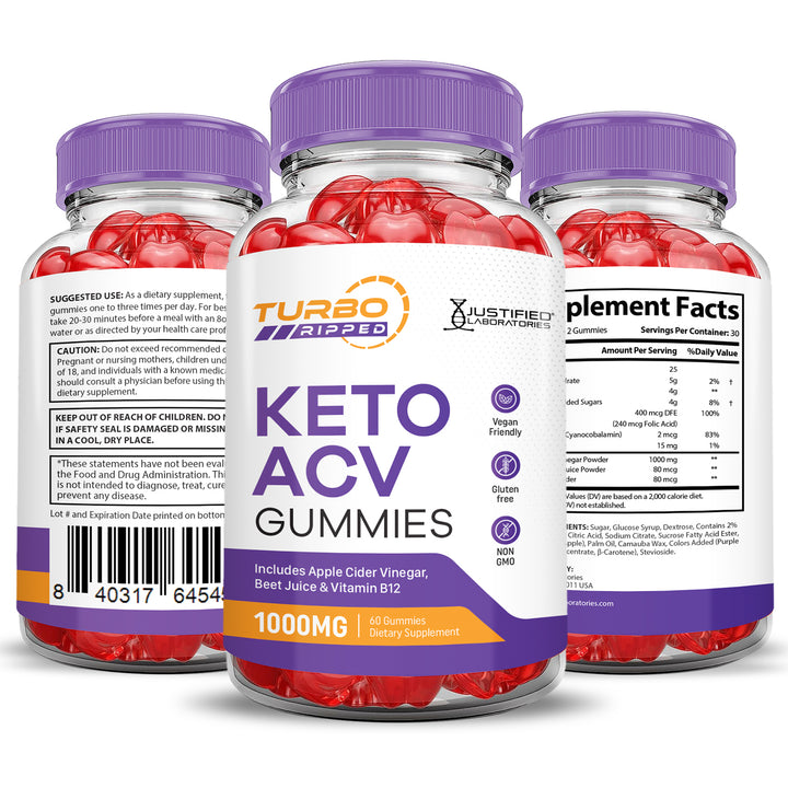 Turbo Ripped Keto ACV Gummies 1000MG 3 Sides of Bottle