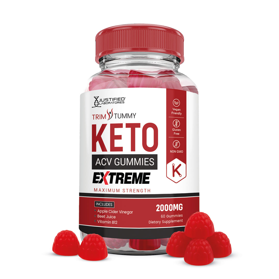 Bottle of Trim Tummy Keto ACV Gummies Extreme with raspberries on a white background