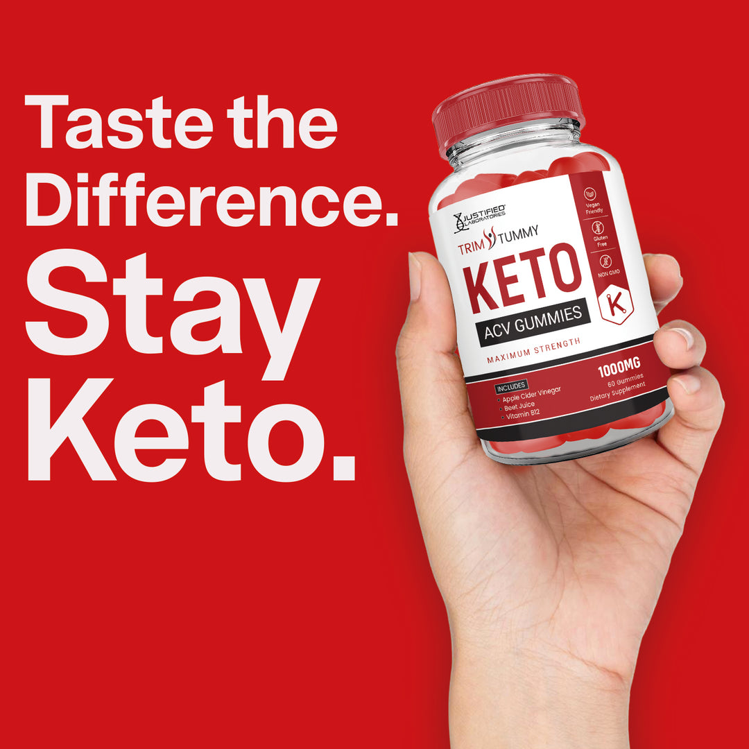 Hand holding a bottle of Trim Tummy Keto ACV Gummies against a red background with promotional text.