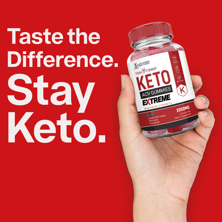 Hand holding a bottle of keto gummies with text 'Taste the Difference. Stay Keto.' on a red background