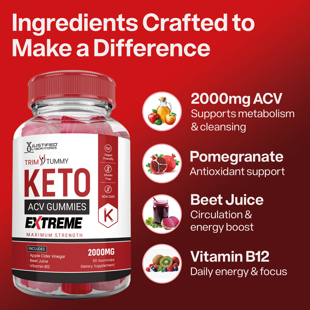 Keto ACV gummies packaging with ingredients listed on a red background