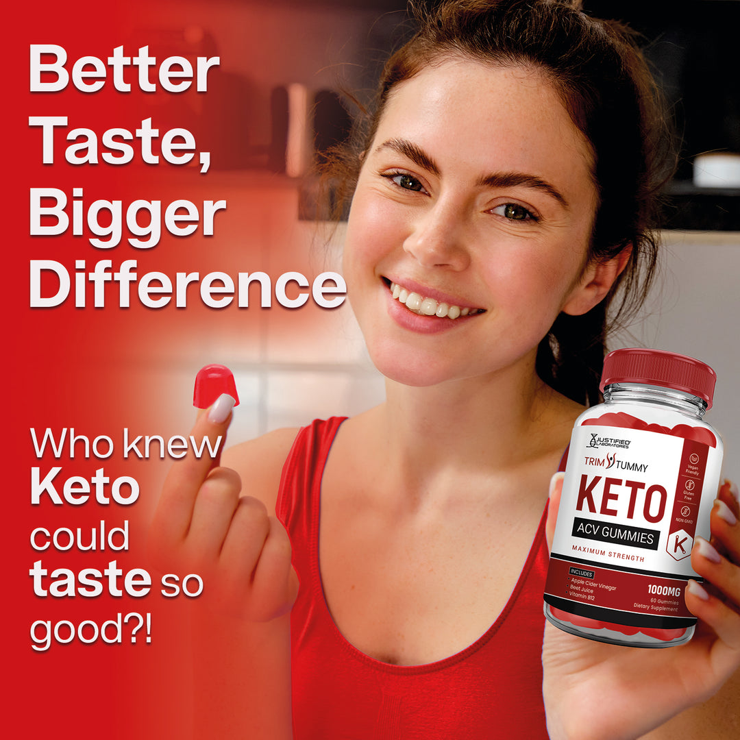 Woman holding a bottle of keto gummies with promotional text on a red background