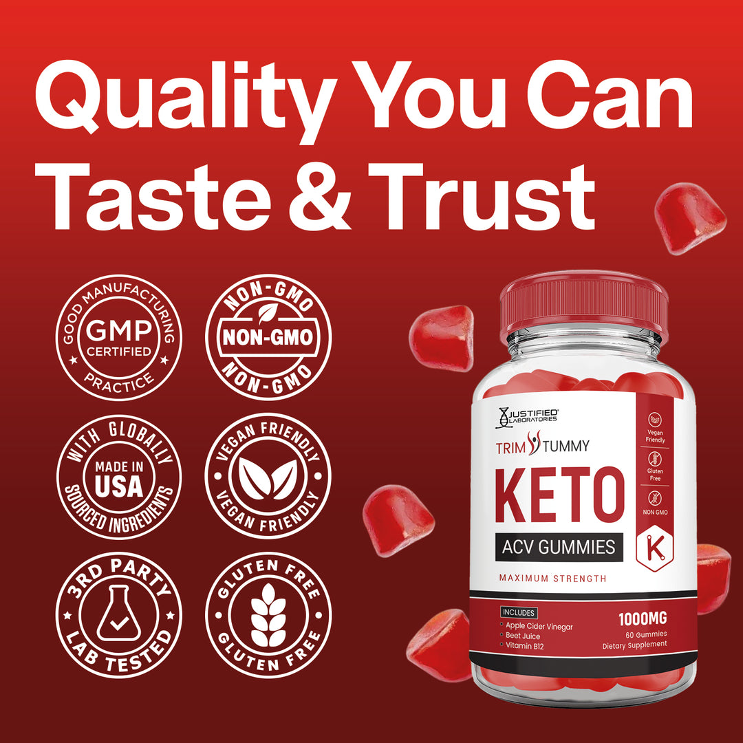 Keto ACV gummies packaging with quality certification logos on a red background