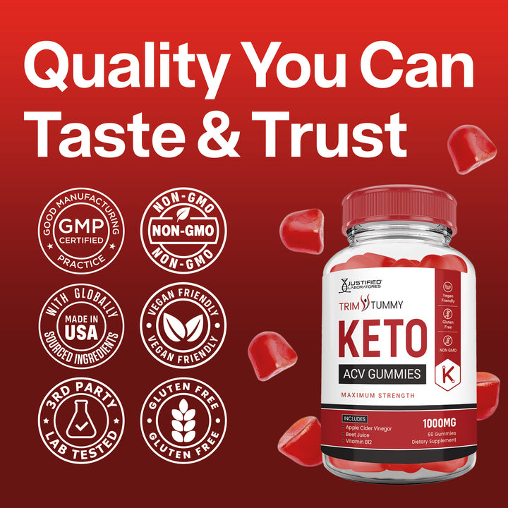 Keto ACV gummies packaging with quality certification logos on a red background