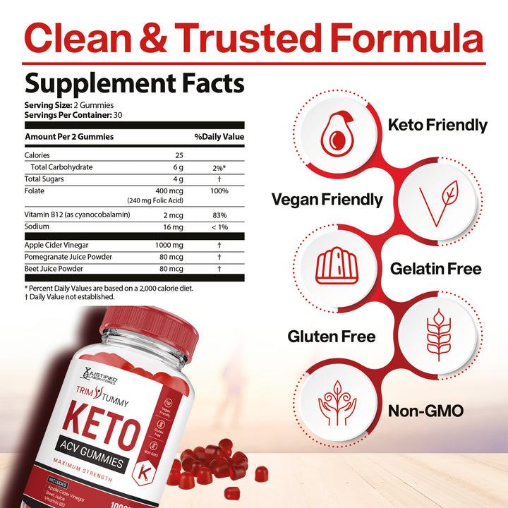 Keto gummy supplement packaging with nutritional information and health benefits on a white background.