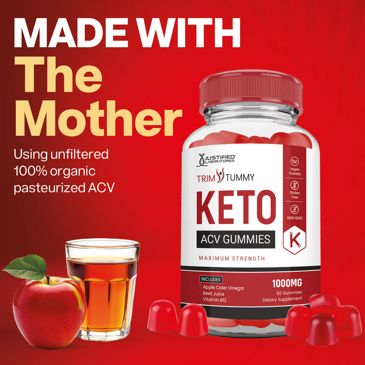 Keto ACV gummies with an apple and glass of juice on a red background