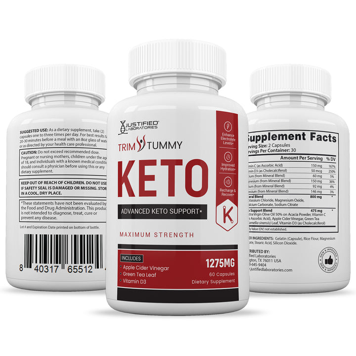 3 Sides of bottle of Trim Tummy Keto ACV Pills 1275MG