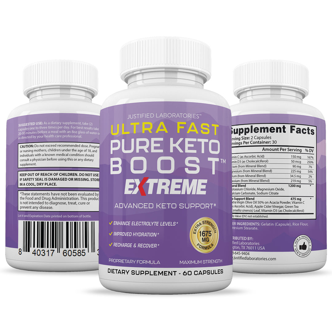 3 Sides of bottle of Ultra Fast Pure Keto Boost Keto ACV Extreme Pills 1675MG