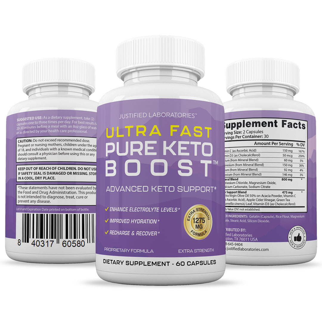 3 sides of bottle of Ultra Fast Pure Keto Boost Keto ACV Pills 1275MG