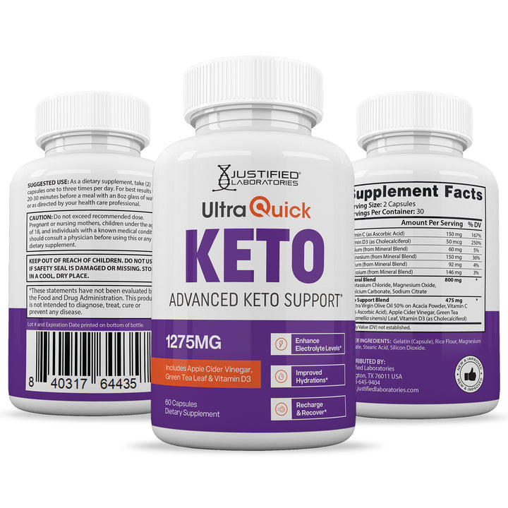 3 sides of bottles of Ultra Quick Keto ACV Pills 1275MG